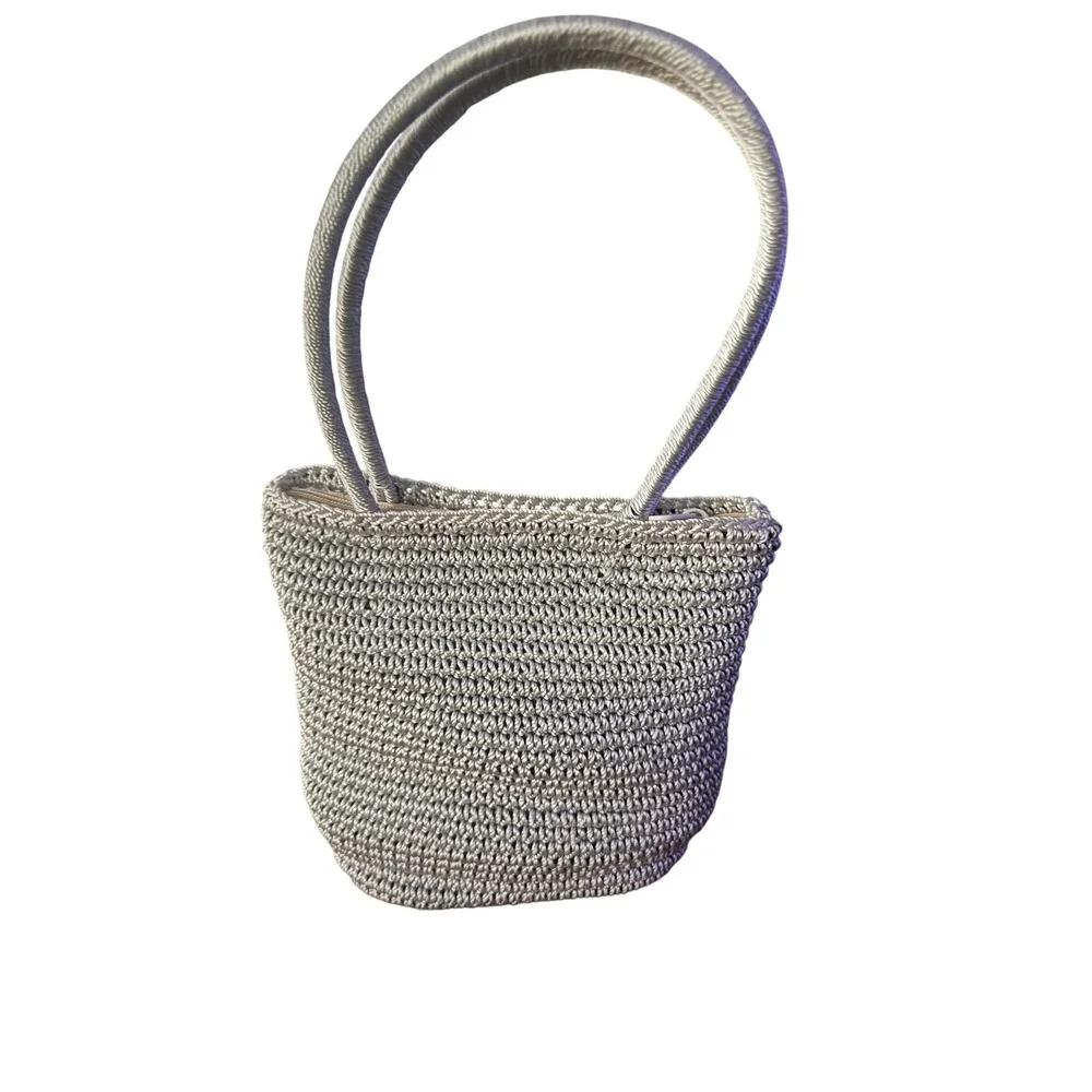 Silver Metallic Gray Crochet Shoulder Bag Floral Zip Tote Handcrafted VTG EUC